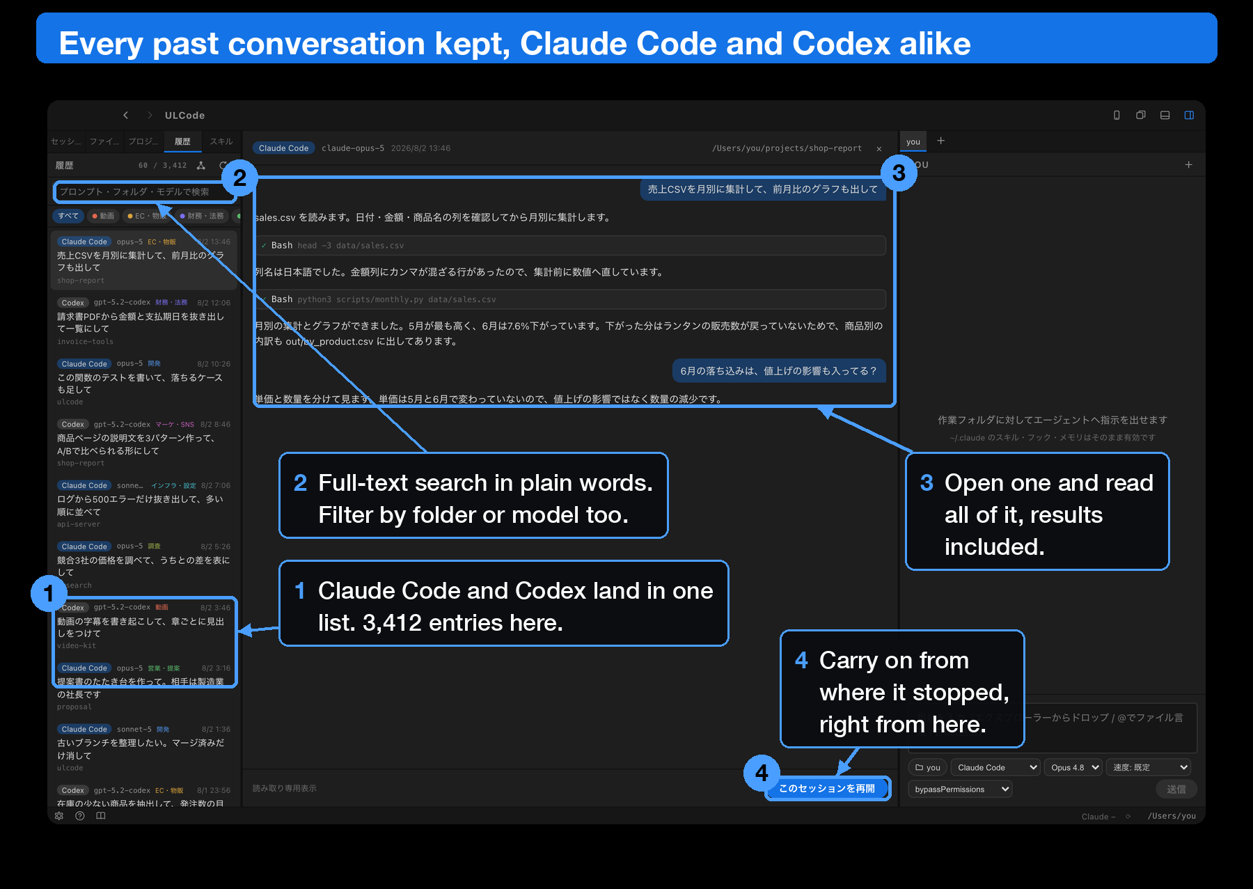History screen listing past Claude Code and Codex sessions with full text and resume, annotated
